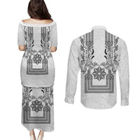 Philippines Barong Style Couples Matching Puletasi and Long Sleeve Button Shirt with Polynesian Art and Leaf Motif Black-White Color LT03 - Polynesian Pride