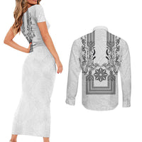 Philippines Barong Style Couples Matching Short Sleeve Bodycon Dress and Long Sleeve Button Shirt with Polynesian Art and Leaf Motif Black-White Color LT03 - Polynesian Pride