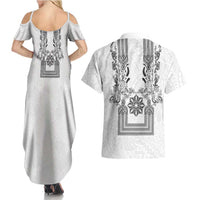 Philippines Barong Style Couples Matching Summer Maxi Dress and Hawaiian Shirt with Polynesian Art and Leaf Motif Black-White Color LT03 - Polynesian Pride