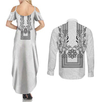 Philippines Barong Style Couples Matching Summer Maxi Dress and Long Sleeve Button Shirt with Polynesian Art and Leaf Motif Black-White Color LT03 - Polynesian Pride