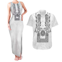 Philippines Barong Style Couples Matching Tank Maxi Dress and Hawaiian Shirt with Polynesian Art and Leaf Motif Black-White Color LT03 White - Polynesian Pride