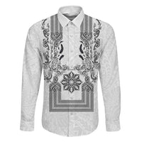 Philippines Barong Style Family Matching Long Sleeve Bodycon Dress and Hawaiian Shirt with Polynesian Art and Leaf Motif Black-White Color LT03 Dad's Shirt - Long Sleeve White - Polynesian Pride