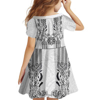 Philippines Barong Style Family Matching Off The Shoulder Long Sleeve Dress and Hawaiian Shirt with Polynesian Art and Leaf Motif Black-White Color LT03 - Polynesian Pride