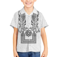 Philippines Barong Style Family Matching Off Shoulder Short Dress and Hawaiian Shirt with Polynesian Art and Leaf Motif Black-White Color LT03 Son's Shirt White - Polynesian Pride