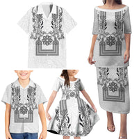 Philippines Barong Style Family Matching Puletasi and Hawaiian Shirt with Polynesian Art and Leaf Motif Black-White Color