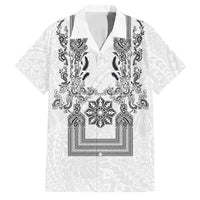 Philippines Barong Style Family Matching Puletasi and Hawaiian Shirt with Polynesian Art and Leaf Motif Black-White Color