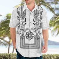 Philippines Barong Style Hawaiian Shirt with Polynesian Art and Leaf Motif Black-White Color