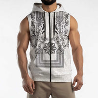 Philippines Barong Style Sleeveless Zip Hoodie with Polynesian Art and Leaf Motif Black-White Color LT03 - Polynesian Pride