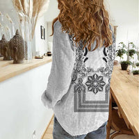Philippines Barong Style Women Casual Shirt with Polynesian Art and Leaf Motif Black-White Color LT03 - Polynesian Pride