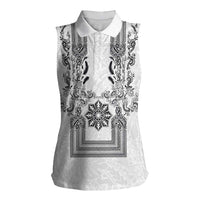 Philippines Barong Style Women Sleeveless Polo Shirt with Polynesian Art and Leaf Motif Black-White Color LT03 Female White - Polynesian Pride