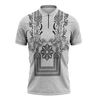 Philippines Barong Style Zipper Polo Shirt with Polynesian Art and Leaf Motif Black-White Color LT03 White - Polynesian Pride