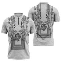 Philippines Barong Style Zipper Polo Shirt with Polynesian Art and Leaf Motif Black-White Color LT03 - Polynesian Pride