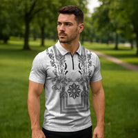 Philippines Barong Style Zipper Polo Shirt with Polynesian Art and Leaf Motif Black-White Color LT03 - Polynesian Pride