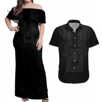 Philippines Barong Style Couples Matching Off Shoulder Maxi Dress and Hawaiian Shirt with Polynesian Art and Leaf Motif Black Color LT03 Black - Polynesian Pride