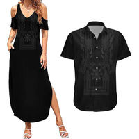Philippines Barong Style Couples Matching Summer Maxi Dress and Hawaiian Shirt with Polynesian Art and Leaf Motif Black Color LT03 Black - Polynesian Pride