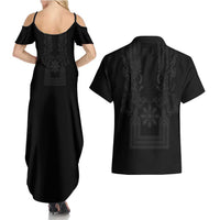 Philippines Barong Style Couples Matching Summer Maxi Dress and Hawaiian Shirt with Polynesian Art and Leaf Motif Black Color LT03 - Polynesian Pride