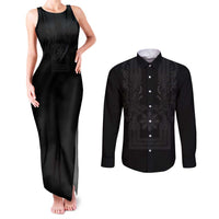Philippines Barong Style Couples Matching Tank Maxi Dress and Long Sleeve Button Shirt with Polynesian Art and Leaf Motif Black Color LT03 Black - Polynesian Pride