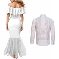 Philippines Barong Style Couples Matching Mermaid Dress and Long Sleeve Button Shirt with Polynesian Art and Leaf Motif White Color LT03 - Polynesian Pride