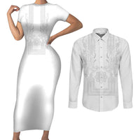 Philippines Barong Style Couples Matching Short Sleeve Bodycon Dress and Long Sleeve Button Shirt with Polynesian Art and Leaf Motif White Color LT03 White - Polynesian Pride