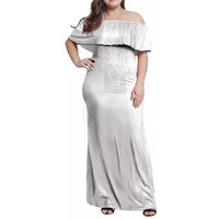 Philippines Barong Style Family Matching Off Shoulder Maxi Dress and Hawaiian Shirt with Polynesian Art and Leaf Motif White Color LT03 Mom's Dress White - Polynesian Pride
