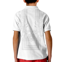 Philippines Barong Style Kid Polo Shirt with Polynesian Art and Leaf Motif White Color