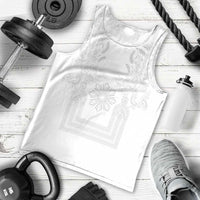 Philippines Barong Style Men Tank Top with Polynesian Art and Leaf Motif White Color