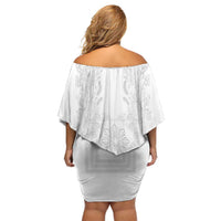 Philippines Barong Style Off Shoulder Short Dress with Polynesian Art and Leaf Motif White Color