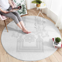 Philippines Barong Style Round Carpet with Polynesian Art and Leaf Motif White Color