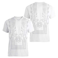 Philippines Barong Style Women V-Neck T-Shirt with Polynesian Art and Leaf Motif White Color LT03 - Polynesian Pride