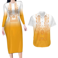 Philippines Barong Style Couples Matching Long Sleeve Bodycon Dress and Hawaiian Shirt with Polynesian Art and Leaf Motif Yellow Color