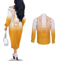 Philippines Barong Style Couples Matching Off The Shoulder Long Sleeve Dress and Long Sleeve Button Shirt with Polynesian Art and Leaf Motif Yellow Color