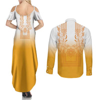 Philippines Barong Style Couples Matching Summer Maxi Dress and Long Sleeve Button Shirt with Polynesian Art and Leaf Motif Yellow Color LT03 - Polynesian Pride