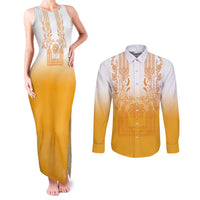 Philippines Barong Style Couples Matching Tank Maxi Dress and Long Sleeve Button Shirt with Polynesian Art and Leaf Motif Yellow Color LT03 Yellow - Polynesian Pride