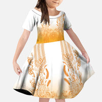 Philippines Barong Style Family Matching Short Sleeve Bodycon Dress and Hawaiian Shirt with Polynesian Art and Leaf Motif Yellow Color LT03 Daughter's Dress Yellow - Polynesian Pride