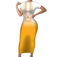 Philippines Barong Style Family Matching Short Sleeve Bodycon Dress and Hawaiian Shirt with Polynesian Art and Leaf Motif Yellow Color LT03 Mom's Dress Yellow - Polynesian Pride