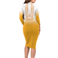 Philippines Barong Style Long Sleeve Bodycon Dress with Polynesian Art and Leaf Motif Yellow Color LT03 - Polynesian Pride