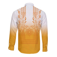 Philippines Barong Style Long Sleeve Button Shirt with Polynesian Art and Leaf Motif Yellow Color