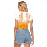 Philippines Barong Style Raglan Cropped T Shirt with Polynesian Art and Leaf Motif Yellow Color
