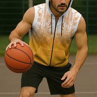 Philippines Barong Style Sleeveless Zip Hoodie with Polynesian Art and Leaf Motif Yellow Color LT03 - Polynesian Pride