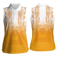 Philippines Barong Style Women Sleeveless Polo Shirt with Polynesian Art and Leaf Motif Yellow Color LT03 - Polynesian Pride