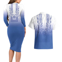 Philippines Barong Style Couples Matching Long Sleeve Bodycon Dress and Hawaiian Shirt with Polynesian Art and Leaf Motif Blue Color