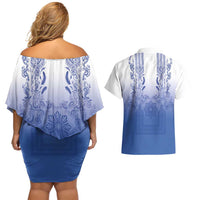 Philippines Barong Style Couples Matching Off Shoulder Short Dress and Hawaiian Shirt with Polynesian Art and Leaf Motif Blue Color LT03 - Polynesian Pride