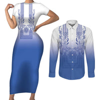 Philippines Barong Style Couples Matching Short Sleeve Bodycon Dress and Long Sleeve Button Shirt with Polynesian Art and Leaf Motif Blue Color LT03 Blue - Polynesian Pride