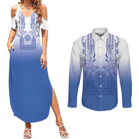 Philippines Barong Style Couples Matching Summer Maxi Dress and Long Sleeve Button Shirt with Polynesian Art and Leaf Motif Blue Color LT03 Blue - Polynesian Pride