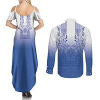 Philippines Barong Style Couples Matching Summer Maxi Dress and Long Sleeve Button Shirt with Polynesian Art and Leaf Motif Blue Color LT03 - Polynesian Pride
