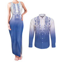 Philippines Barong Style Couples Matching Tank Maxi Dress and Long Sleeve Button Shirt with Polynesian Art and Leaf Motif Blue Color LT03 Blue - Polynesian Pride