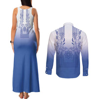 Philippines Barong Style Couples Matching Tank Maxi Dress and Long Sleeve Button Shirt with Polynesian Art and Leaf Motif Blue Color LT03 - Polynesian Pride