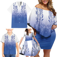 Philippines Barong Style Family Matching Off Shoulder Short Dress and Hawaiian Shirt with Polynesian Art and Leaf Motif Blue Color