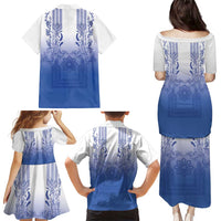 Philippines Barong Style Family Matching Puletasi and Hawaiian Shirt with Polynesian Art and Leaf Motif Blue Color