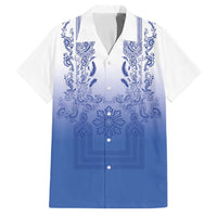 Philippines Barong Style Family Matching Tank Maxi Dress and Hawaiian Shirt with Polynesian Art and Leaf Motif Blue Color LT03 Dad's Shirt - Short Sleeve Blue - Polynesian Pride